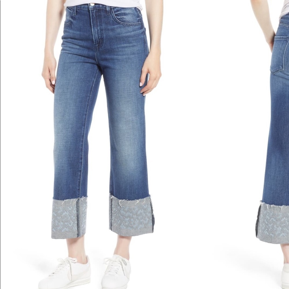 J Brand Midrise Cropped Wide-Leg Jeans in Blue with Light Wash Cuffs